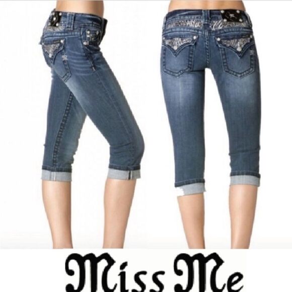 Miss Me Cuffed Capri Jeans Dark Wash Flap Pockets - Picture 1 of 12